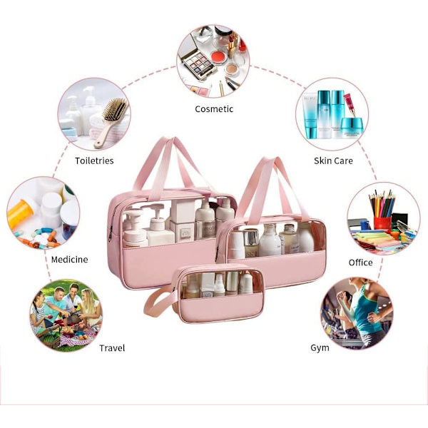 3-delad transparent kosmetikväska (rosa), necessär
