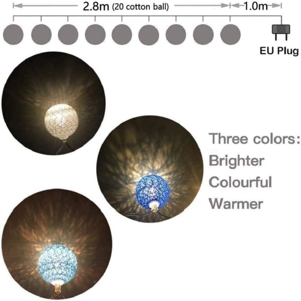 Bomullsbolls-ljusslinga med batteri - 3,8M 20 LED-lampor