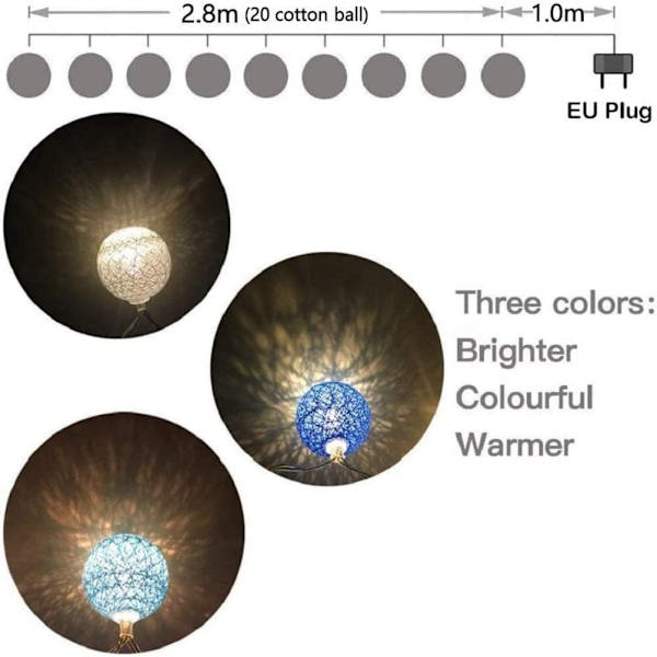 Puuvillapallojen jouluvalot paristoilla - 3,8 m 20 LED-valoa