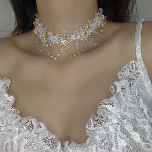 ##/Vit spets halsband Japansk och Koreansk skogsbluma##/