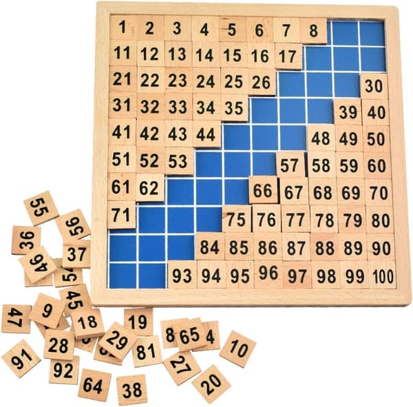 Montessori-matematiikan palapeli, puinen numerolauta 1-100, jatkuva