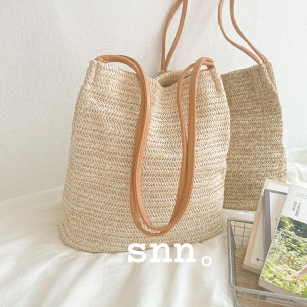 ##/Stort stråvevd håndveske i khaki for kvinner - Strandveske, skulderveske, tote##/