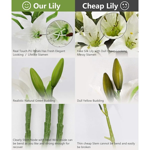 6 Kunstige Lily Blomster Hvide Buketter, Realistiske Falske Lily Bl