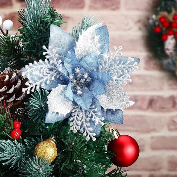 ##/(Ljusblå, 12 stycken) 5,7 tum konstgjorda julglitterblommor Julgransblomsterdekoration##/