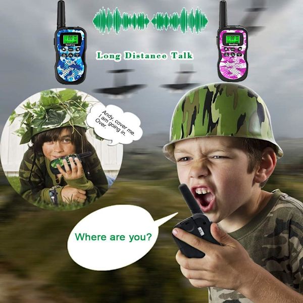Kaksi sinistä ja pinkkiä lasten walkie-talkia taustavalaistulla LCD-näytöllä