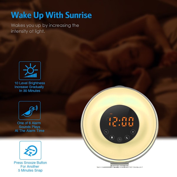 Soloppgang og solnedgang vekkerklokke LED bordlampe flerfarget atmosfære
