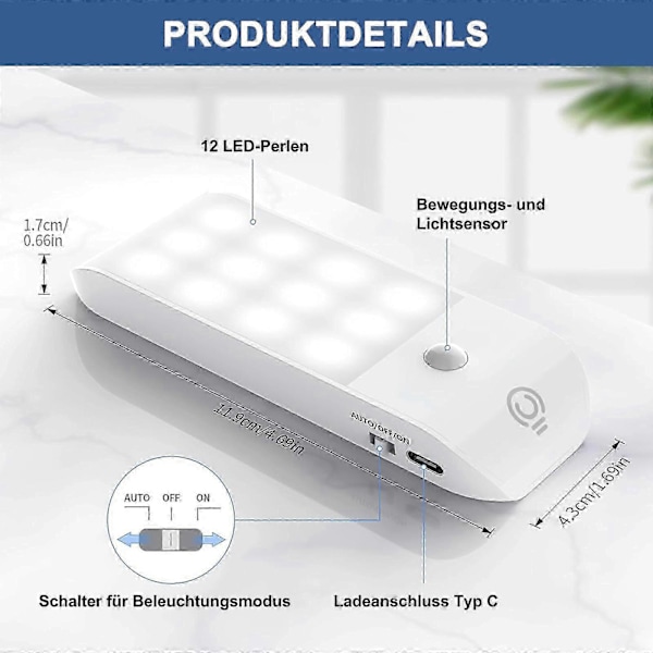 Smarta 12-LED Skåplampor med Rörelsesensor, Kallvitt, USB-Uppladdningsbar, 2-Pack