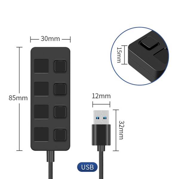 1 st USB 3.0, 4-ports USB-hub, 16 cm kabel, höghastighets USB