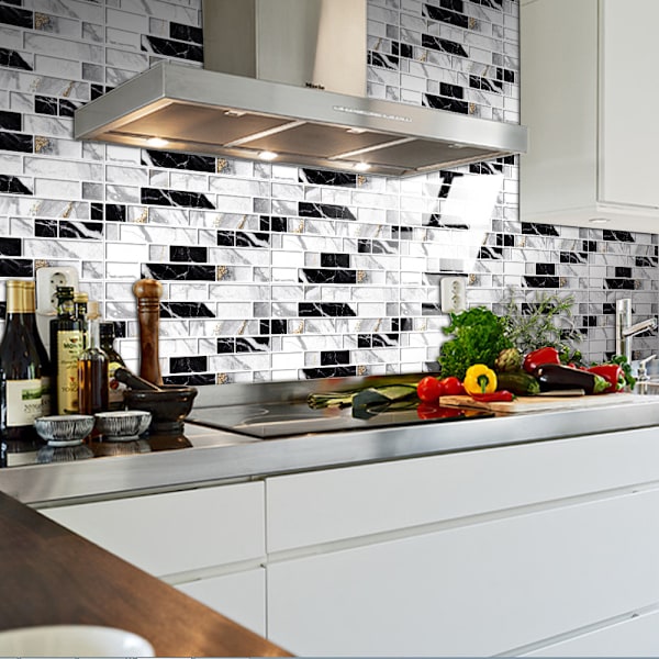 ##/24 stk. Selvklæbende Mosaik 10x20cm - Sort og Hvid, Køkken Sa##/