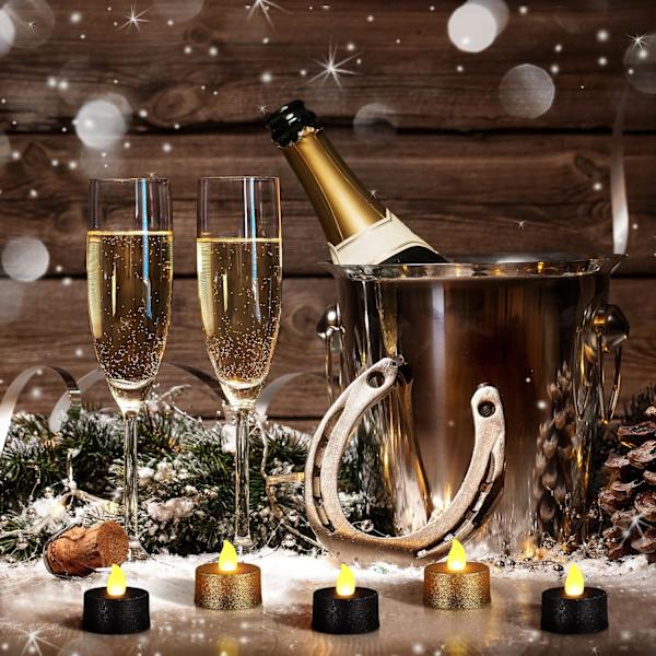 ##/24 stk. Guld Glitter LED Teelys Sort Flammeløs Teelys##/