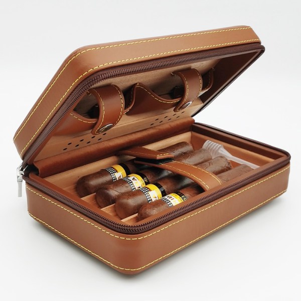 4 Ct Cigar Case Travel Læder, plateau en bois de cèdre et bois