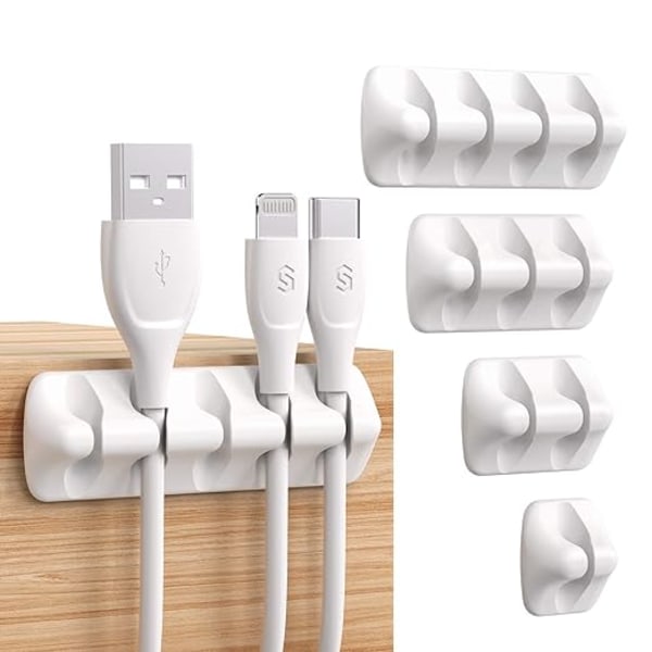 White, Cable Clips Desk Organizer - Set of 4 - Silicone Cable Tid