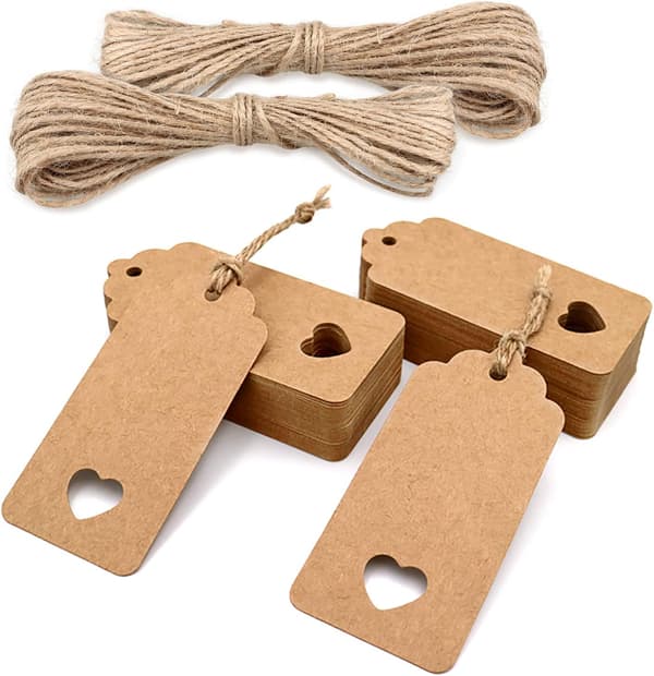 Lahjapaperisetiketit 9x4,5 cm, 100 kpl juuttinarulla, häihin