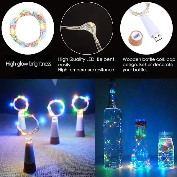 LED-viinipullovalot moniväriset, (3 kpl) USB-ladattavat ilman paristoja