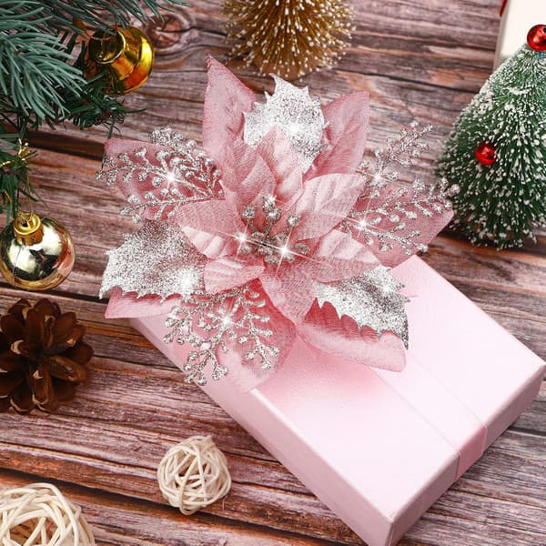 ##/(Rosa, 12 stycken) 5,7 tum konstgjorda julglitterblommor Julgransblomdekoration##/