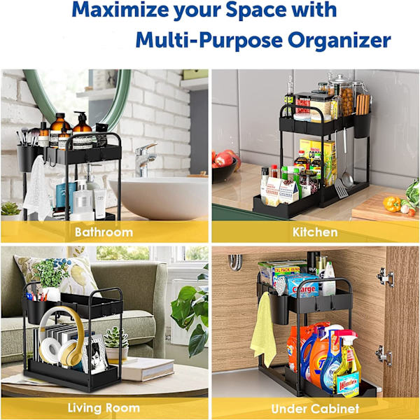 Under Sink Oppbevaring 2 Lag, Skyve Under Sink Organizer Hylle Skuff