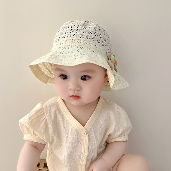 Baby Halm Sommarhatt Flickor Blomma Brätte Hatt Barn UV-skydd Sol Resa Strand