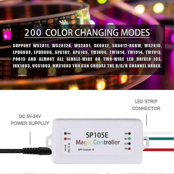 Sp105e Trådløs Bluetooth Controller App Ws2811 Ws2812b Ws2801 Sk6812 Apa102 Individuelt Adresserbar