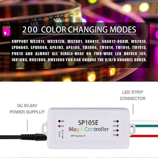 Sp105e Trådlös Bluetooth Kontroller App Ws2811 Ws2812b Ws2801 Sk6812 Apa102 Individuellt Adresserbar