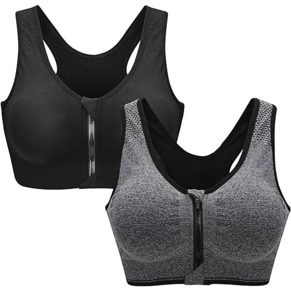 (S) 2 stk. Sport BH for kvinner med glidelås foran, push-up BH-vest med avtagbar innlegg