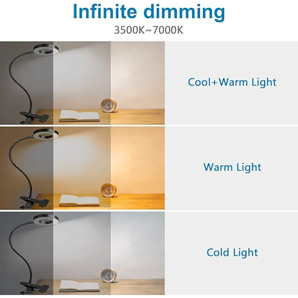 Sort, 48 LED Klips Desk Lampe, 360° Fleksibel, Klips-på Læselampe