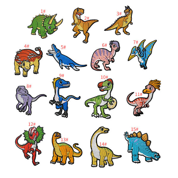 15 stk. broderede strygemærker med dinosaurmotiver
