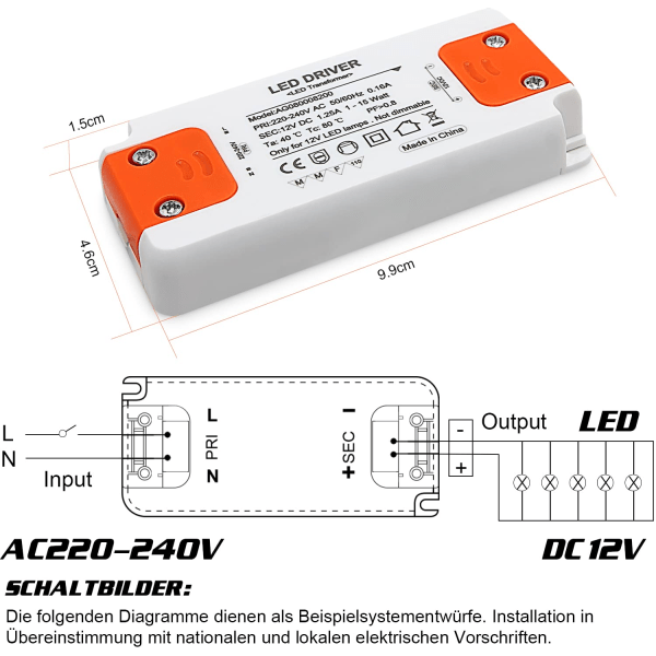 LED-inngang 220-240V utgang DC 12V 1,25A 15W LED-pæredriverkonvertering