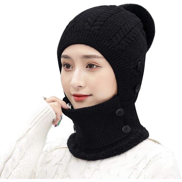 Varm Fleece Hætte Hat - Sort Halsedisse Strikket Hat Tyk Hat