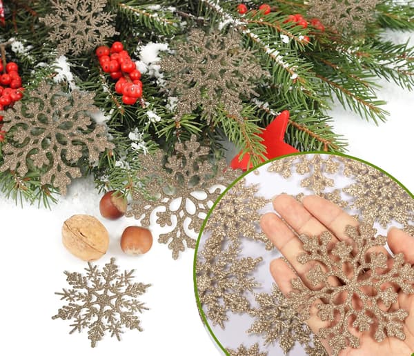Pakke med 36 Jule Champagne Gull Snøfnugg Ornamenter Plast Glitter