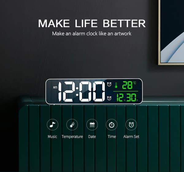 Digital vekkerklokke med temperaturvisning (svart speil), LED d