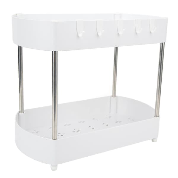 Under Vask Organizer 2-lags Hul ABS Baderomsskap Organizer Stativ med Rustfritt Stål Brakett og 5 Kroker Hvit
