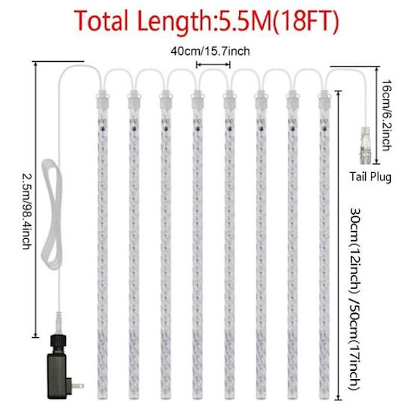 30cm 8-rørs Vanntett LED Blinkende Meteor Lysstreng Lampe Fa