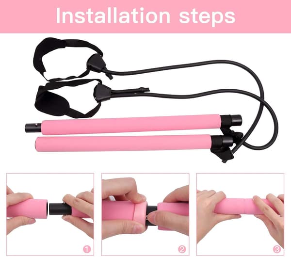 Pink - 1 Pilates Bar med modstandsbånd, bærbar og justerbar