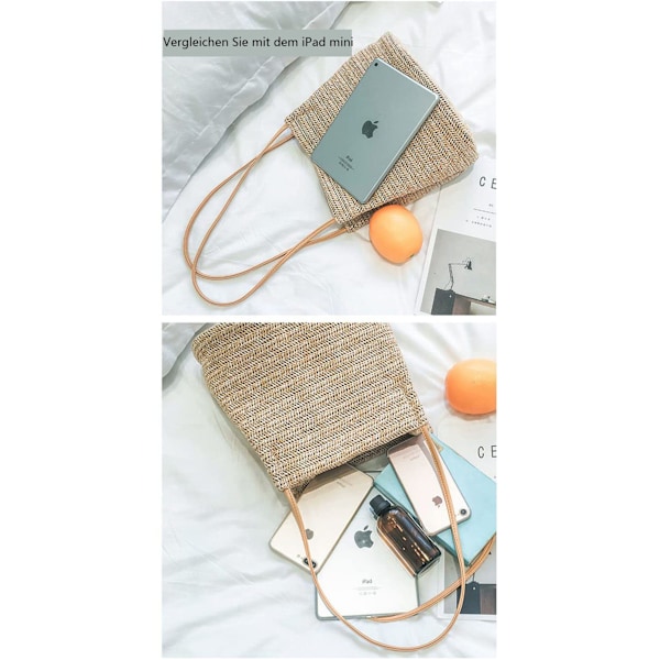 ##/Stort stråvevd håndveske i khaki for kvinner - Strandveske, skulderveske, tote##/