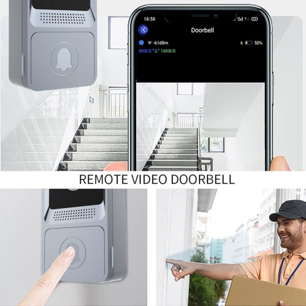 Grå - Trådløs videodørklokke, Wi-Fi Smart videodørklokke, næsten