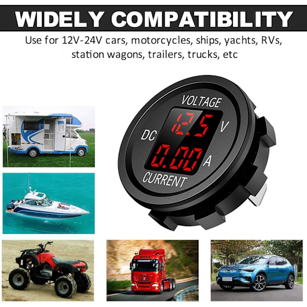 12V Motorsykkel Vanntett LED Digitalt Voltmeter, 9V-48V DC Strøm