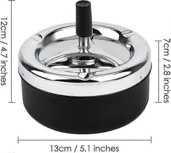 Rund Askkopp med Tryckfunktion och Roterande Bricka, Metall, Stor 13 cm, Askfat för Hemmet, Uteplats - Svart