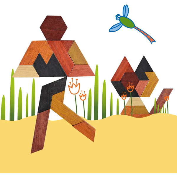 Hexagon Tangram Pussel Träpussel för Barn & Vuxna Cha