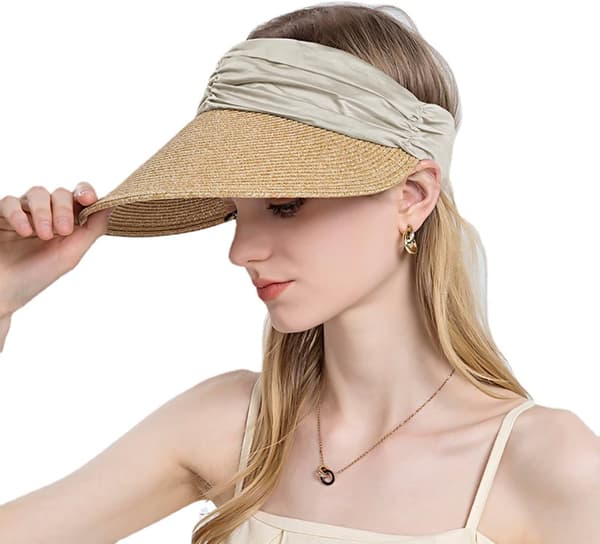 Beige stråhat til kvinder UV-maske UPF50+ Toppløs stråhat Sommer