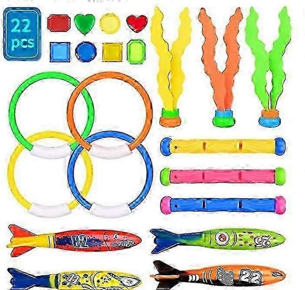 Dykset för pool, 22 st undervattensleksaker simbassängleksaker för barn med dykringar, dykpinnar, piratskattleksaker för barn sommarpool