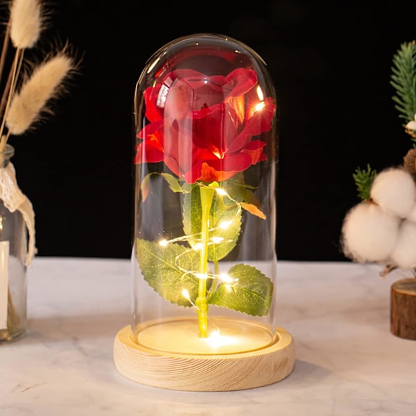 ##/Kunstig Rose med LED Lys, Glødende Glaskuppel til Valentinsdag (Rød)##/