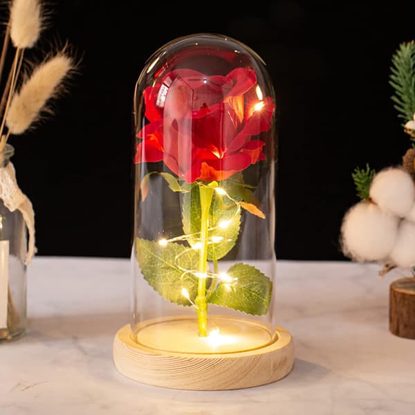 Kunstig rose med LED-lys, glødende glasskjerm for Valentinsdagen (rød)