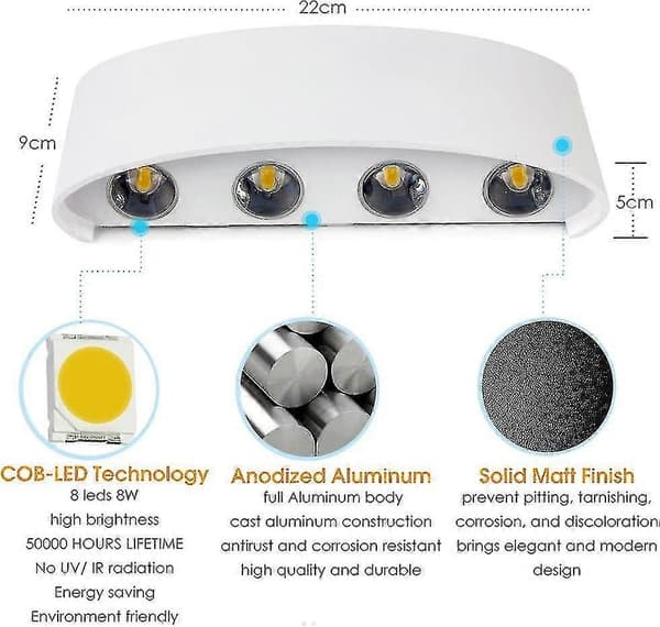 8w LED Vägglampa - Inomhus Utomhus Vägglampa Ip65 Justerbar Upp Och Ner Väggbelysning Vit För Hem Sovrum Vardagsrum Hall Trappa