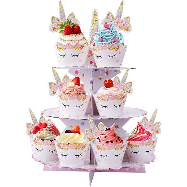 (30*35cm) Enhjørning Cupcake Stativ 3-lags Pap Cupcake Stativ