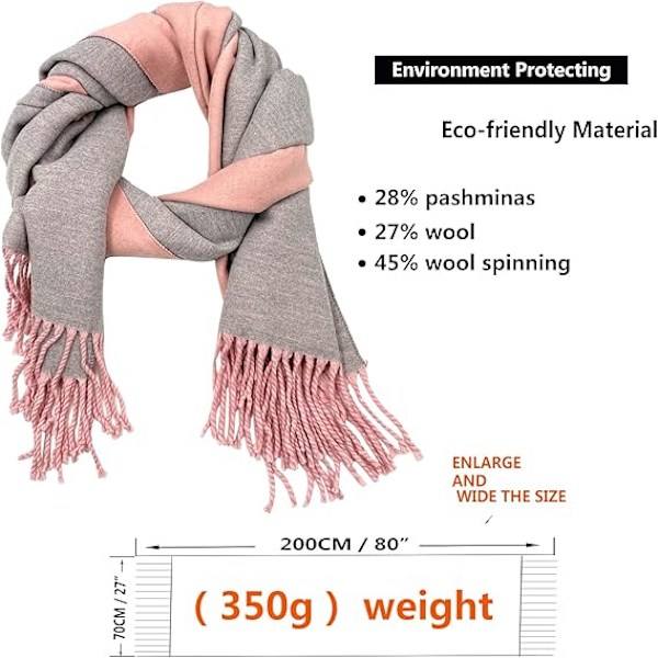 (PINK+GRÅ) Dame Cashmere Tørklæde Vinter Reversibel Pashmina Lang