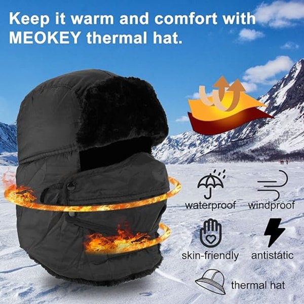 ##/Puderet Pilot Hat - Sort med Vindtæt Maske, Unisex Vinter Rider##/