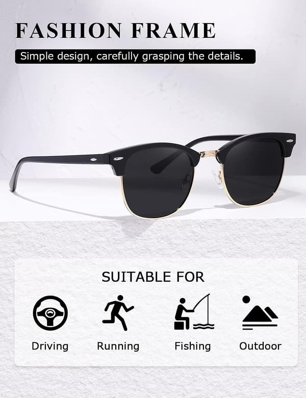 Luminous Black Frame Vintage Polariserande Solglasögon Unisex Retro Halvkantade