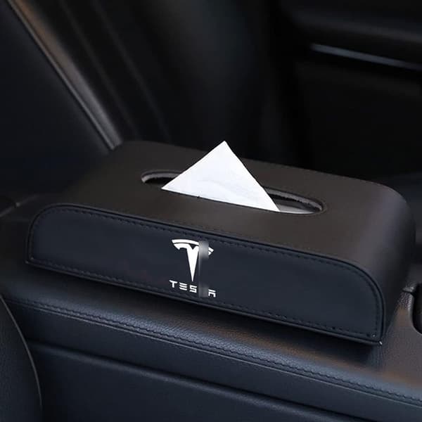 ##/Bildekkboks i skinn til bil, svart, serviettboks for Tesla Model 3 2021##/