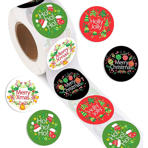2x500 st juldesign klistermärken i svart, rött, grönt och vitt - Merry Christmas växt blomma etikett