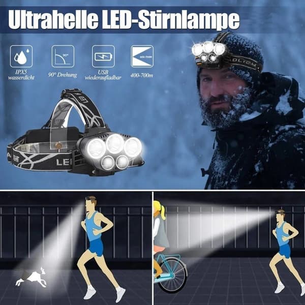 5 LED 6 tilan otsalamppu, ladattava vedenpitävä
